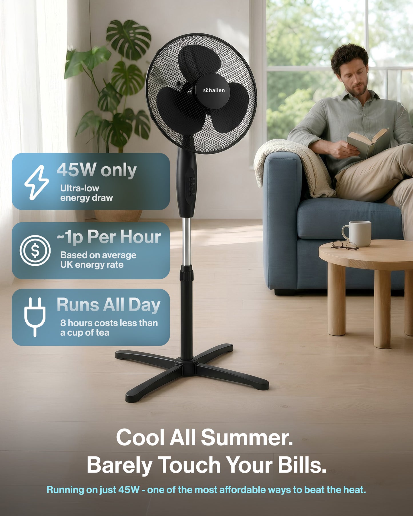 Schallen 16" Electric Oscillating Floor Standing Tall Pedestal Air Cooling Fan - Black