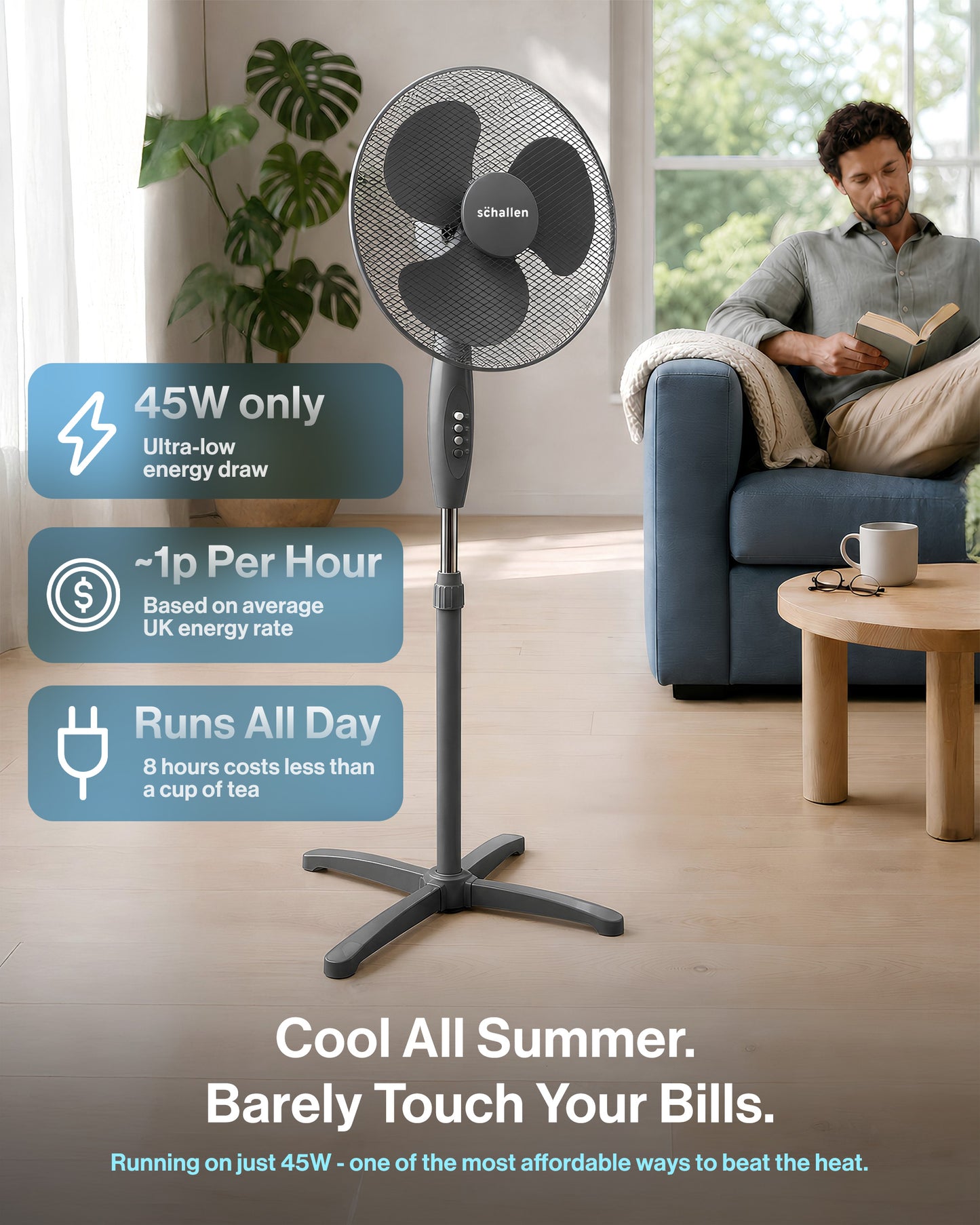 Schallen 16" Electric Oscillating Floor Standing Tall Pedestal Air Cooling Fan - Grey