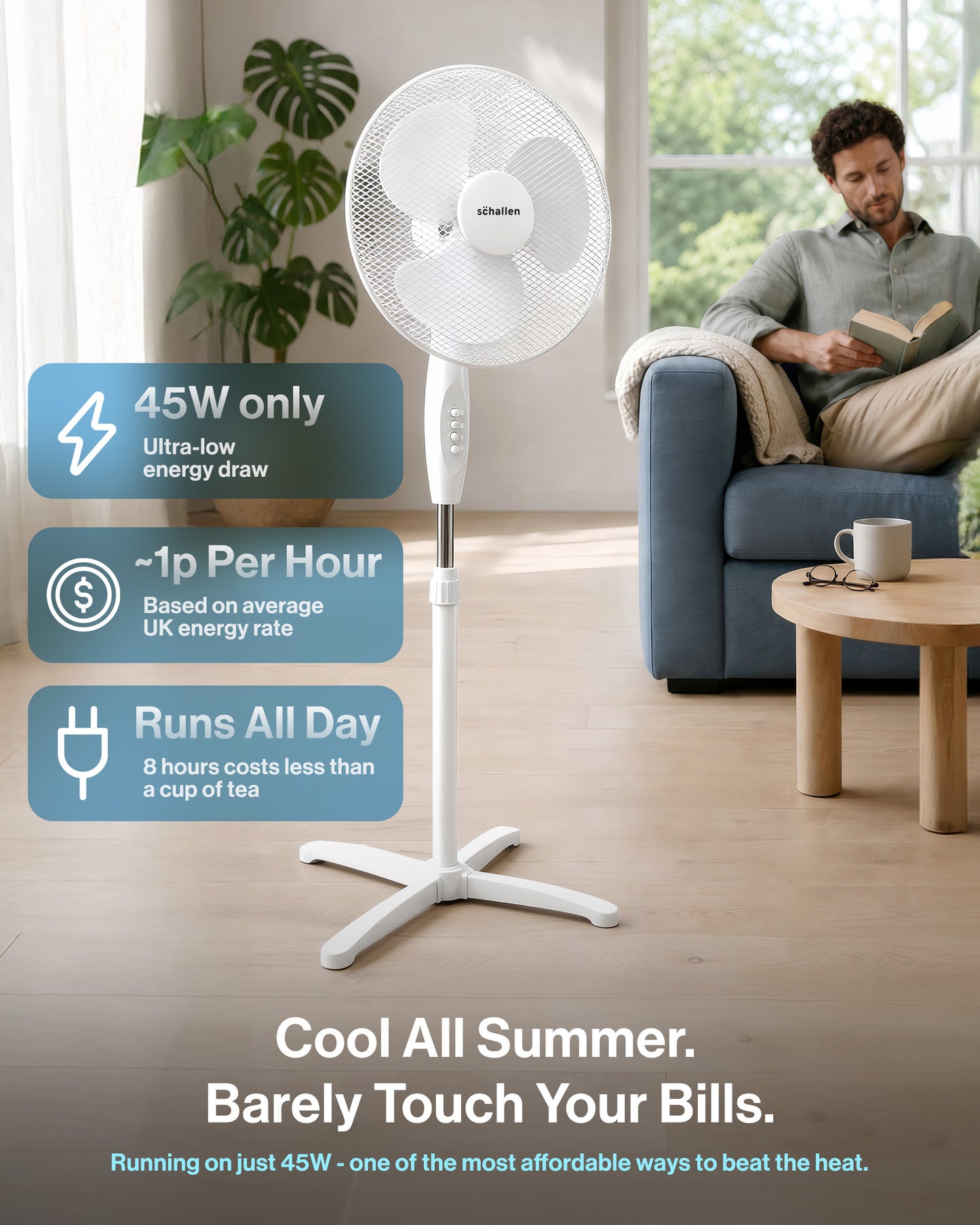 Schallen 16" Electric Oscillating Floor Standing Tall Pedestal Air Cooling Fan - White