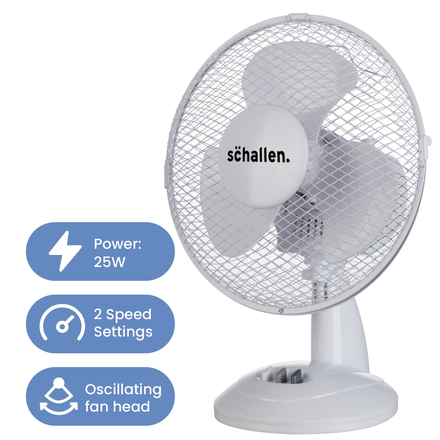 Schallen Small 9" Portable Desk Table Oscillating Cooling Fan with 2 Speed Setting - White