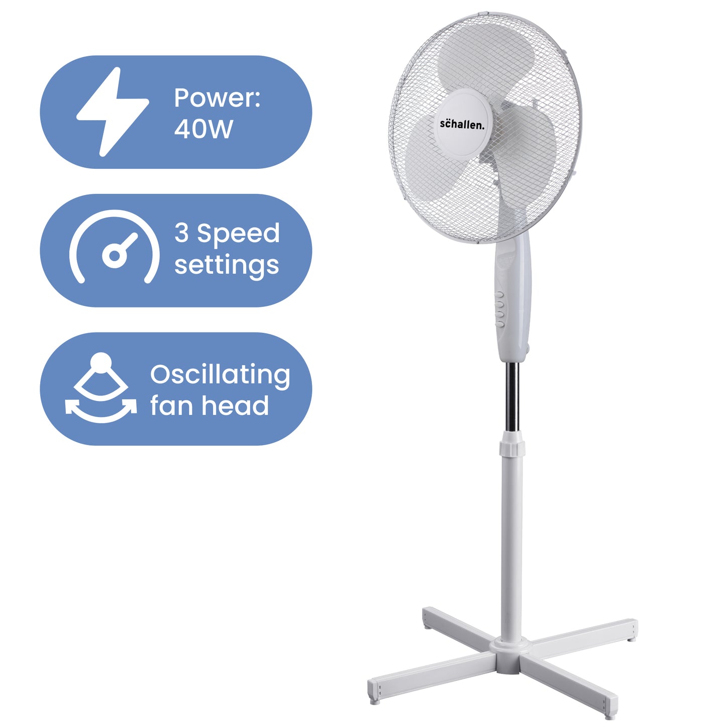 Schallen 16" Electric Oscillating Floor Standing Tall Pedestal Air Cooling Fan - White