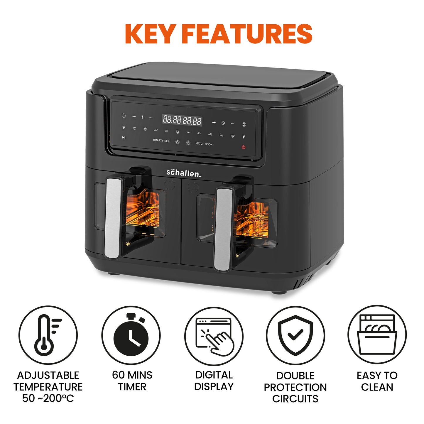 Schallen Healthy Eating Low Fat Large Digital Twin Dual Air Fryer with 60 Min Timer in BLACK