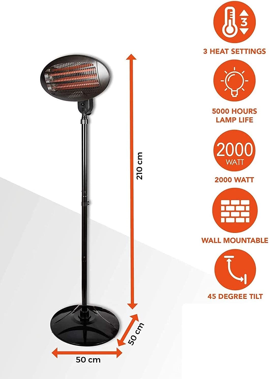 Black Electric 2000W Quartz Free Standing Floor and Wall Mountable Outdoor Garden Patio Heater