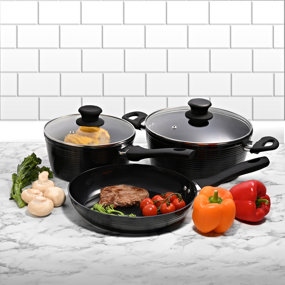 Schallen 5 Pcs Non Stick Forged Ceramic Cookware Frying Saucepan Stock Pot Full Pan Set with Lids - Black