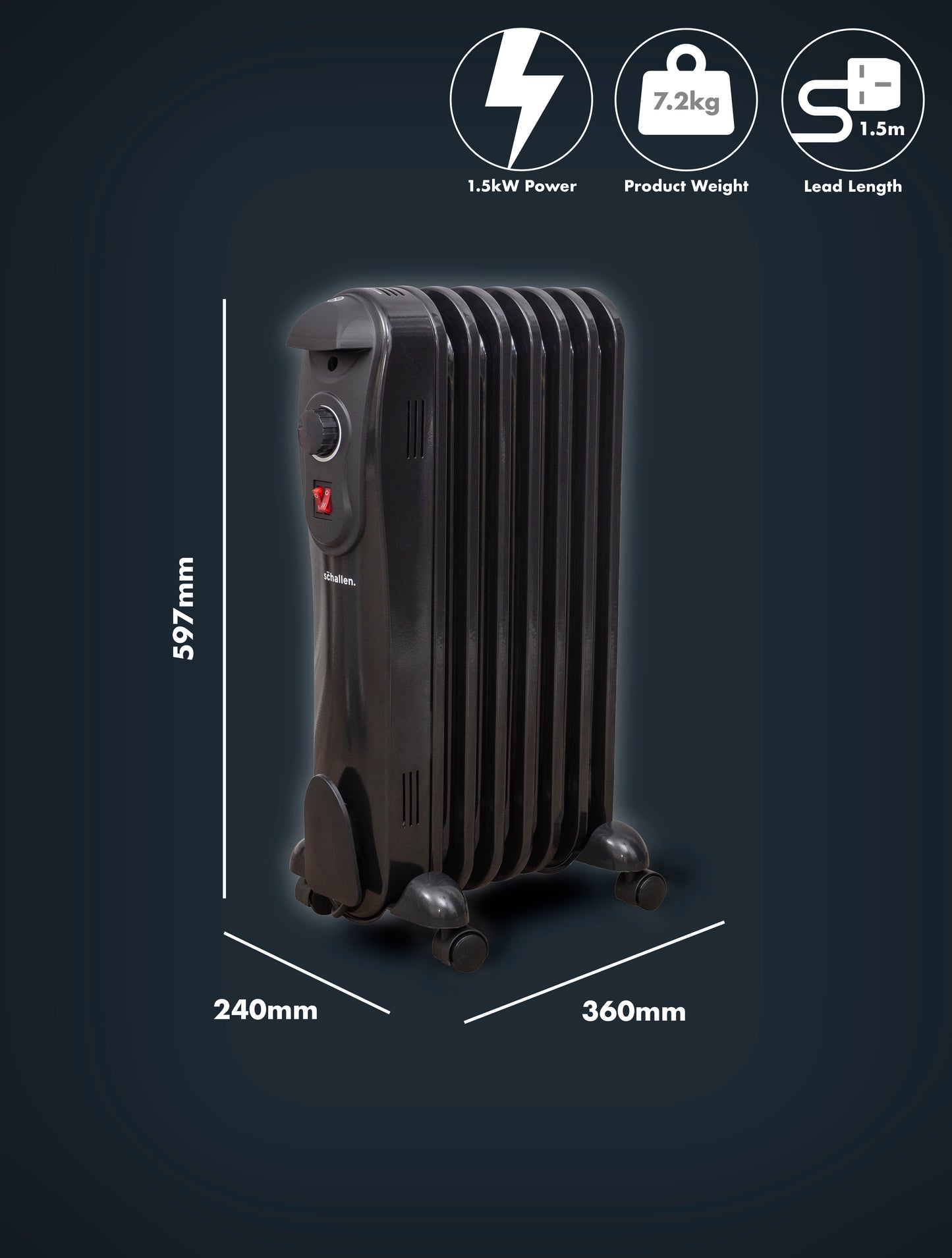 Schallen Black 1500W 7 Fin Portable Electric Slim Oil Filled Radiator Heater