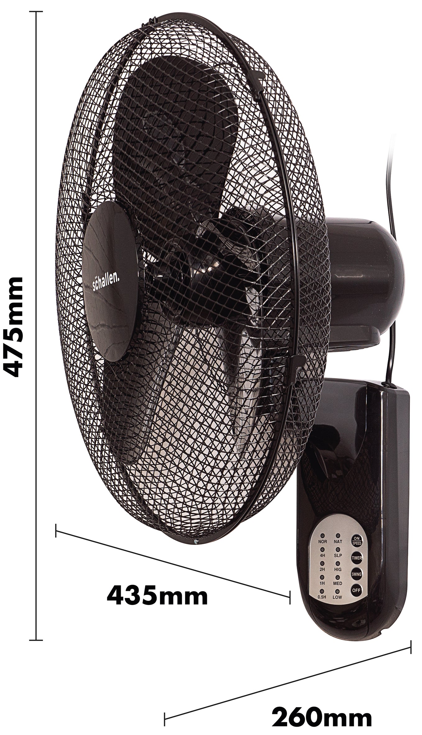 Schallen Black 16" Oscillating Wall Mounted Air Cool Fan with 3 Speed Settings, Timer & Remote Control