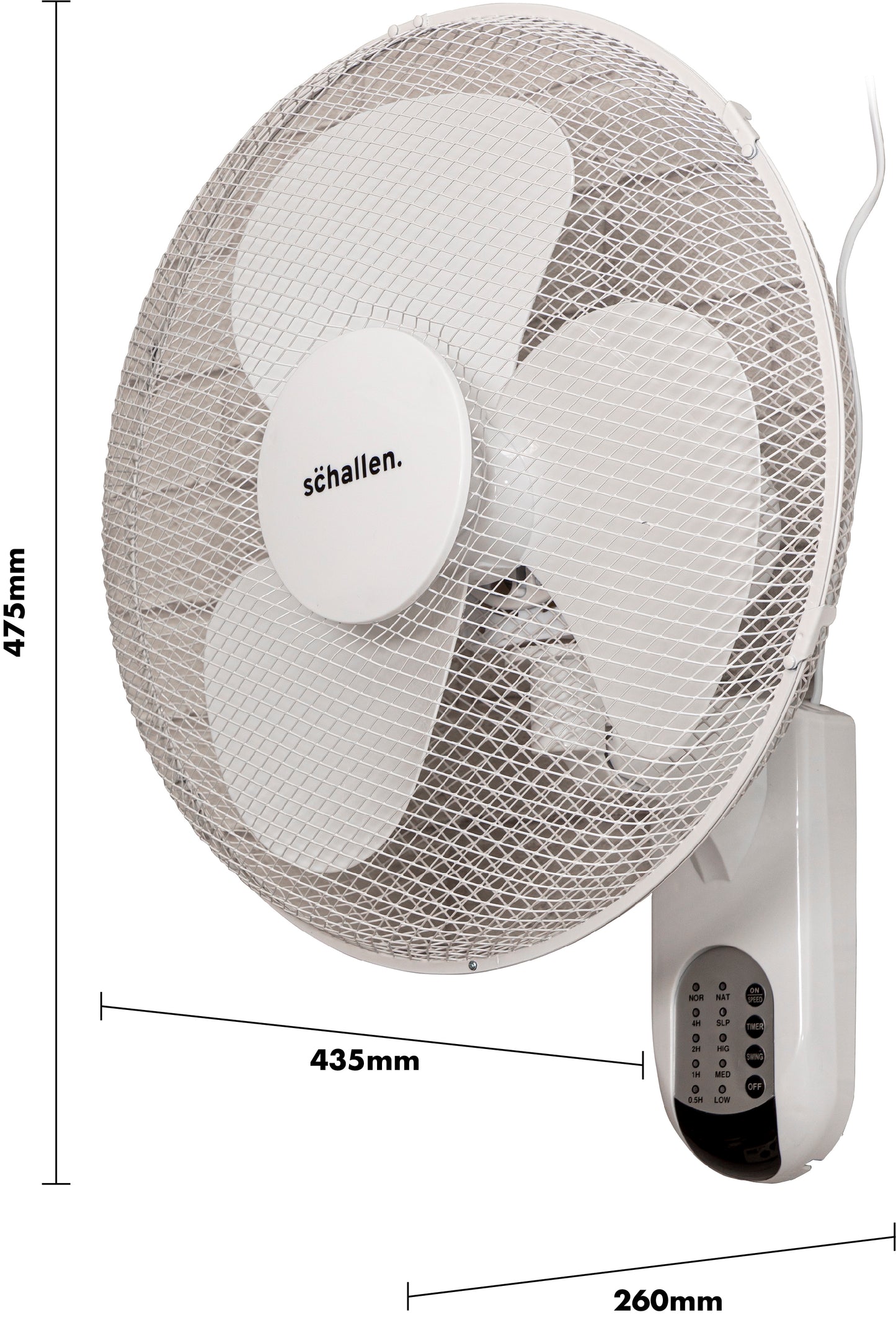 Schallen White 16" Oscillating Wall Mounted Air Cool Fan with 3 Speed Settings, Timer & Remote Control